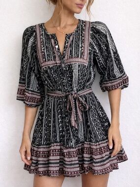 Cleobella Magdalena‎ Split Neck Puff Sleeve Mini Dress S Black Multi Block Print